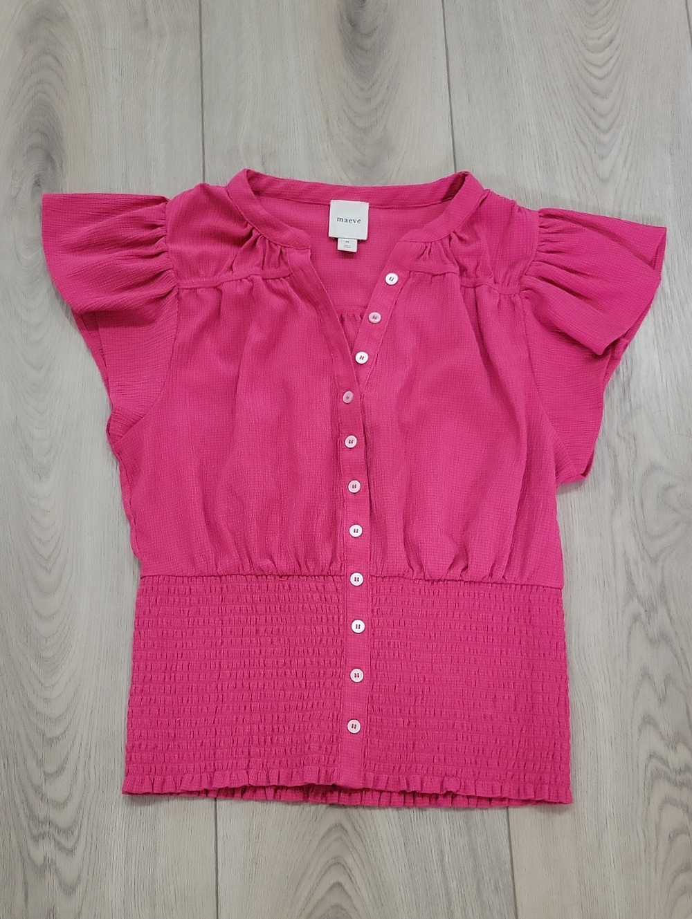 Maeve Hot Pink Button-Front Smocked Waist Blouse